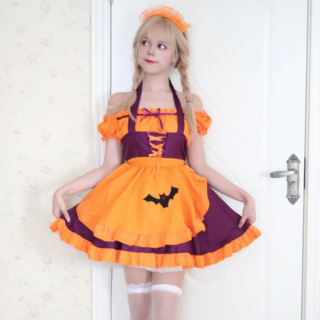 Halloween Cosplay Maid Costume for Women Bat Pattern Embroidered Gothic Servant Dress Halloween Party Vampire Witch Role Play view 4