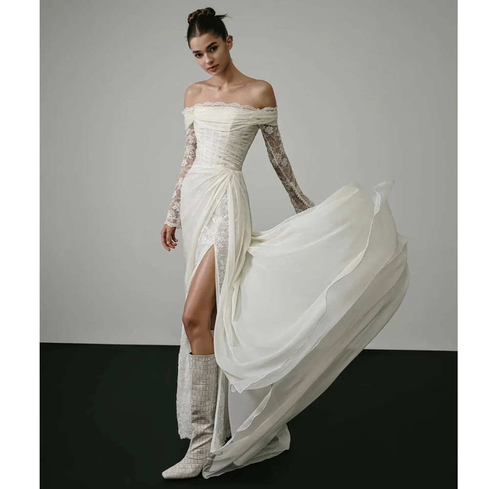 Vestidos de novia con hombros descubiertos, vestidos de novia de tul de encaje, vestidos elegantes de sirena para mujer, vestidos formales con abertura