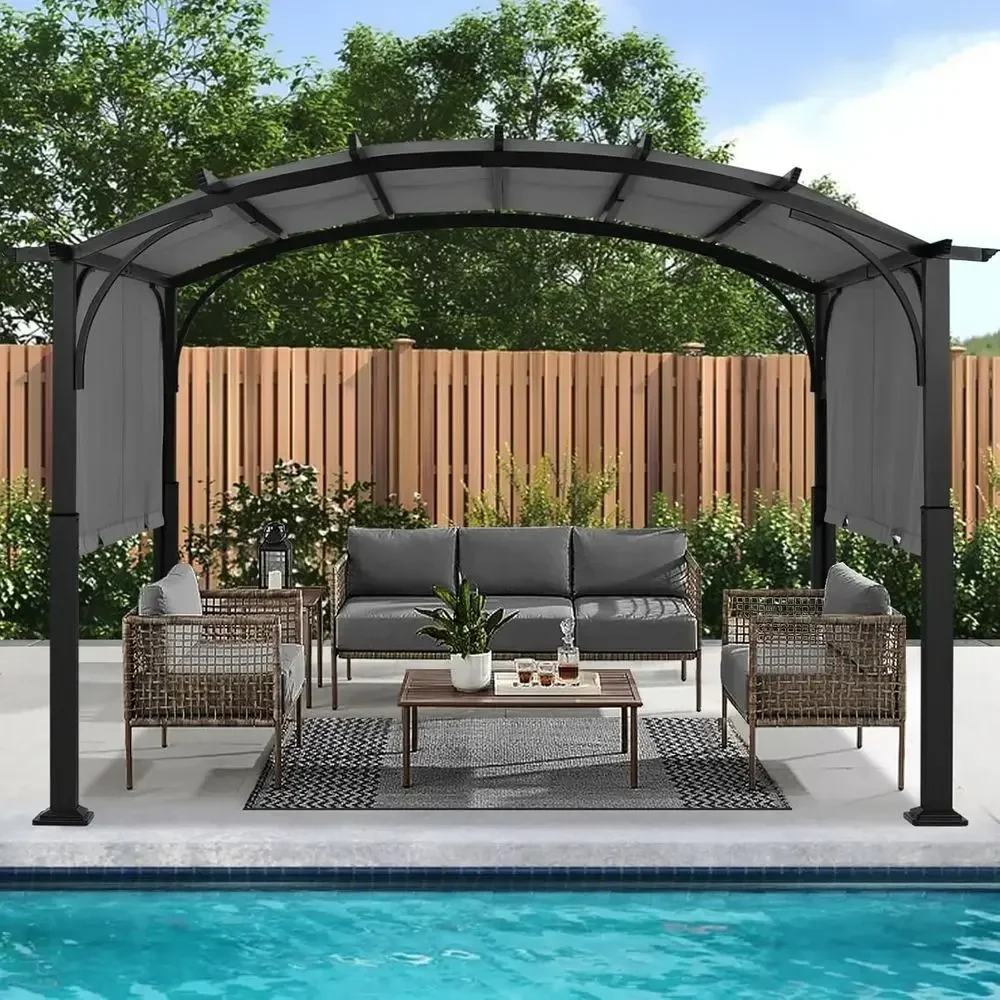 10'x10' Outdoor Arched Gazebo with Retractable Shade, Grey