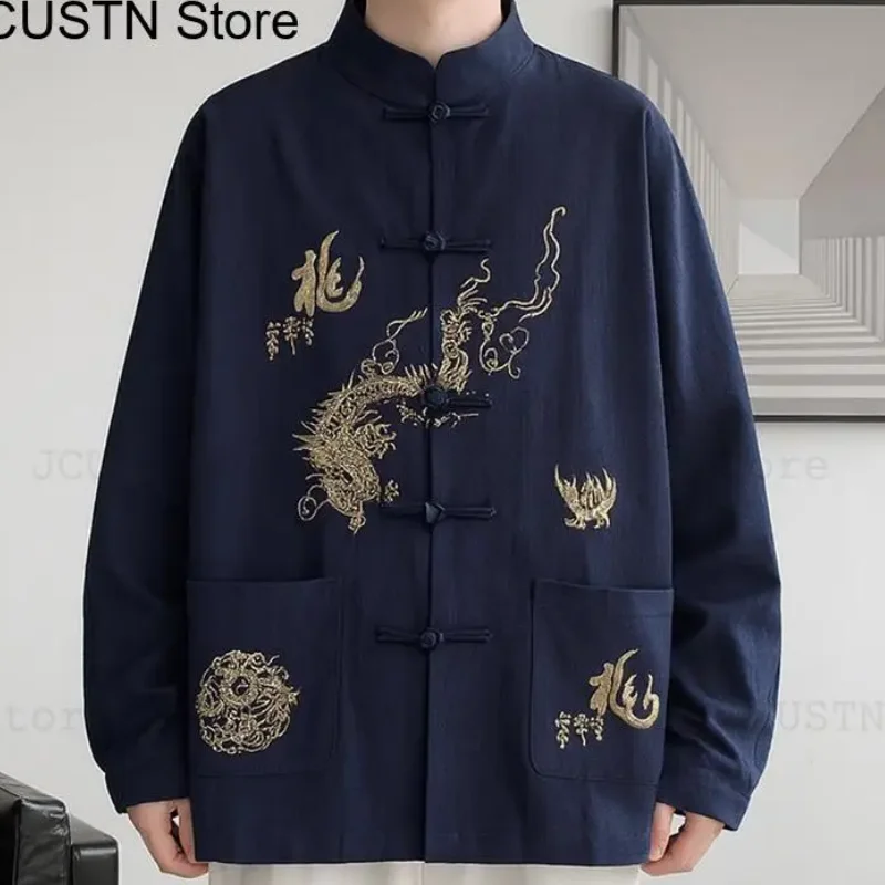 

Традиционная китайская одежда Тан, мужской классический топ Ципао с вышивкой дракона, темно-синее свободное пальто ханьфу, хлопковая рубашка, куртка кунг-фу