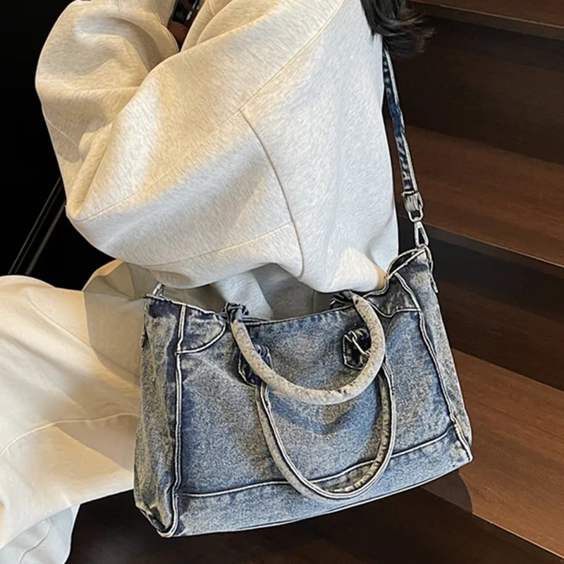 

Fashion Commuting Women Big Totes Washed Denim Female Handbag Large Capacity Shoulder Crossbody Bags Jeans Travel Shopping bags