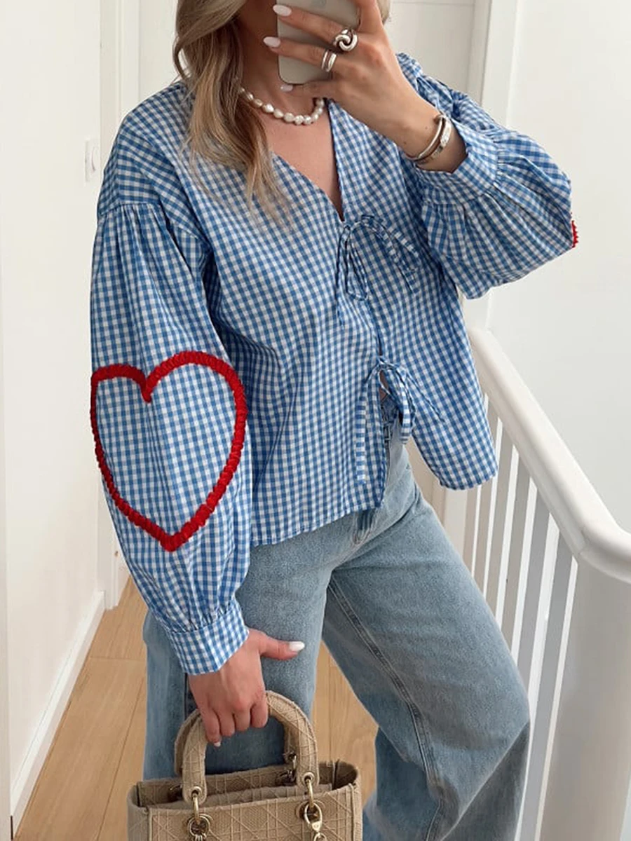 Women Long Sleeve Peplum Shirts Plaid Heart Pattern Two Bowknot Tie Front Blouse Casual Lace Up Going Out Tops