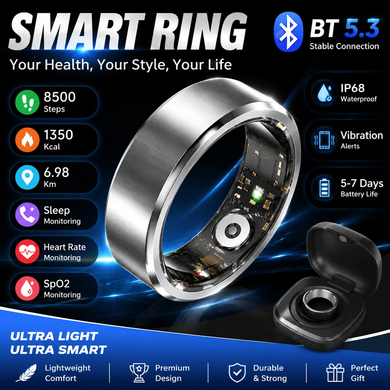 Smart ring with charg case long battery life for men women outdoor smartring heart rate GPs track 100+sport mode for gift Ht22