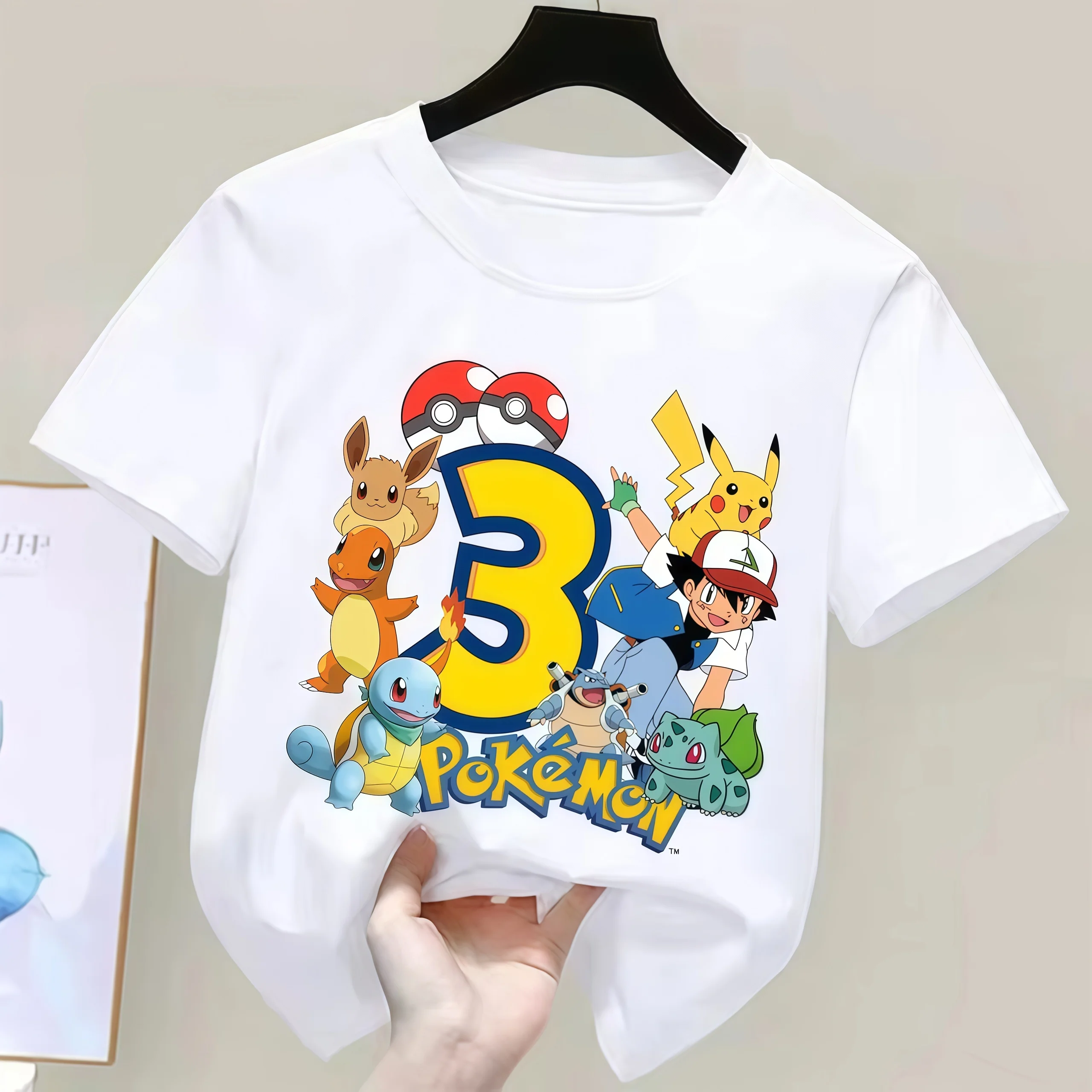 2026 Pikachu Kinder T-Shirts mit Geburtstagsnummer 1-9 Bedruckt T-Shirt Jungen Mädchen Sommer Kurzarm Oberteile Kinderkleidung