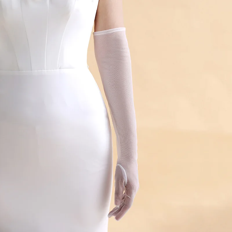 Women Elegant White Soft Tulle Simple Long Wedding Dress Gloves for Bridal Party Evening Events Wedding Prom Parties Accessories