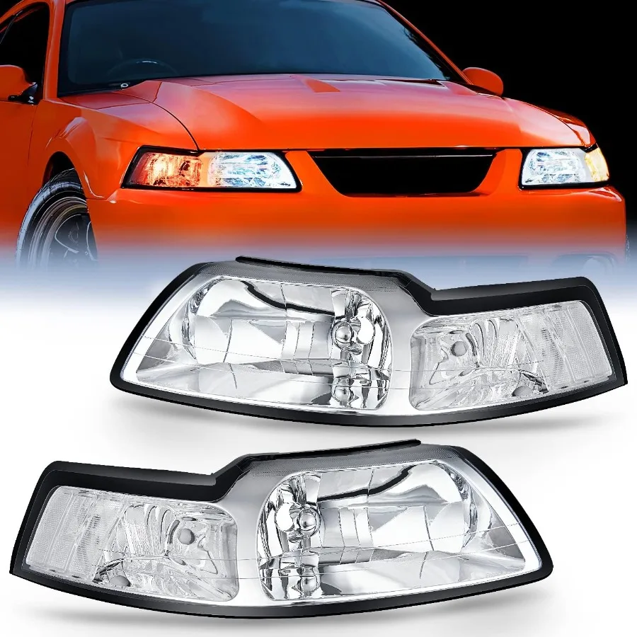 

Headlight Assembly for 1999 2000 2001 2002 2003 2004 Mustang Headlamps Replacement Chrome Housing Clear Reflector Driver and P