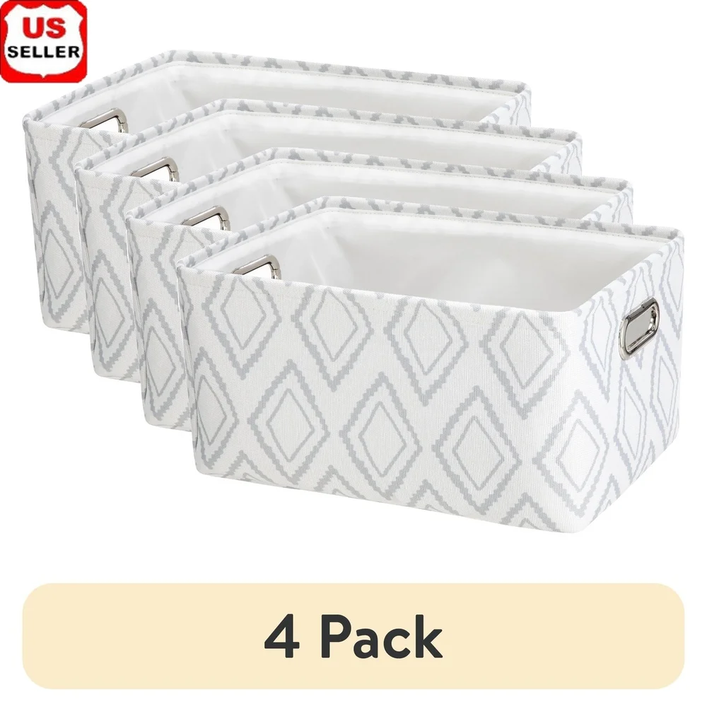 

4 Pack Light Gray Diamond Canvas Storage Baskets with Grommet Handles Home Organization and Small Item Storage