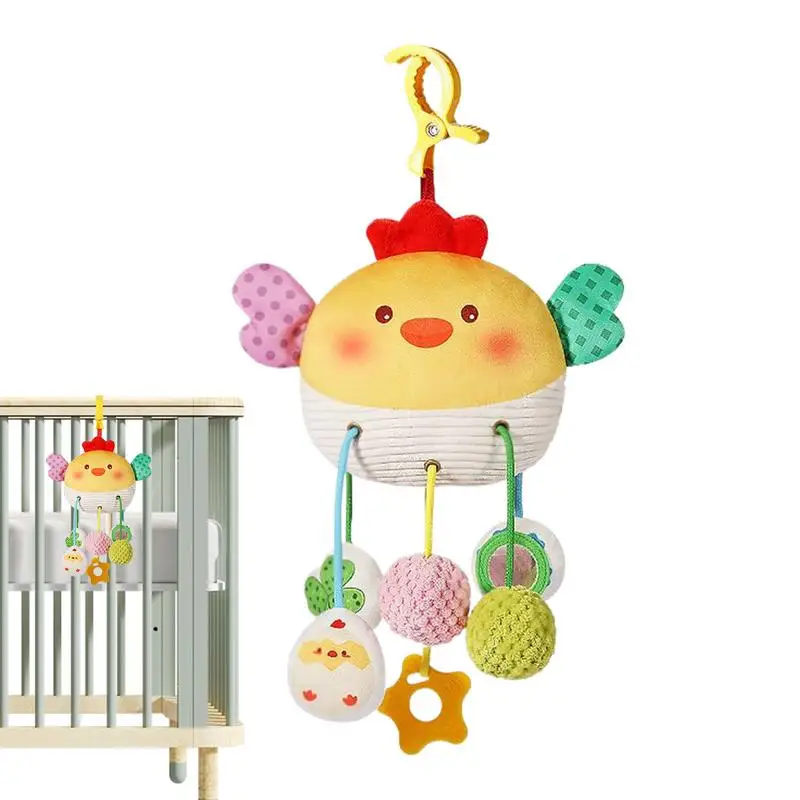 Assento de carro brinquedo frango musical puxar corda assento de carro brinquedo bonito macio mão sino fantoche com anel mordedor atividade jogos sensoriais para