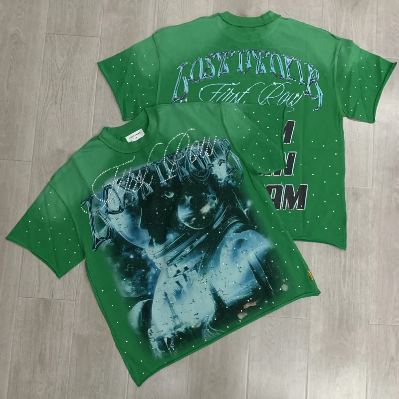 

Fashion New Green FIRST ROW Short Sleeve Real Photo Astronaut Print Hot Diamond T-shirt Summer Loose Casual Top Tee