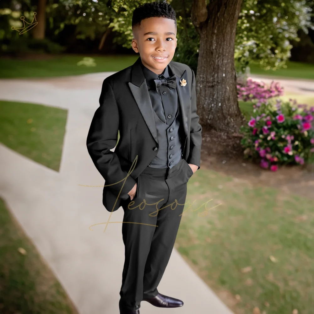 Boy's wedding suit 3-piece set (black peak collar blazer, black vest, and trousers), custom-tailored tuxedo suit for boys