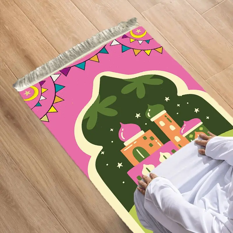 VIKAMA Bright Pink Contrasting Cartoon Mosque Arch Worship Blanket Wear-Resistant And Portable Home Worship Mosque Pilgrimage