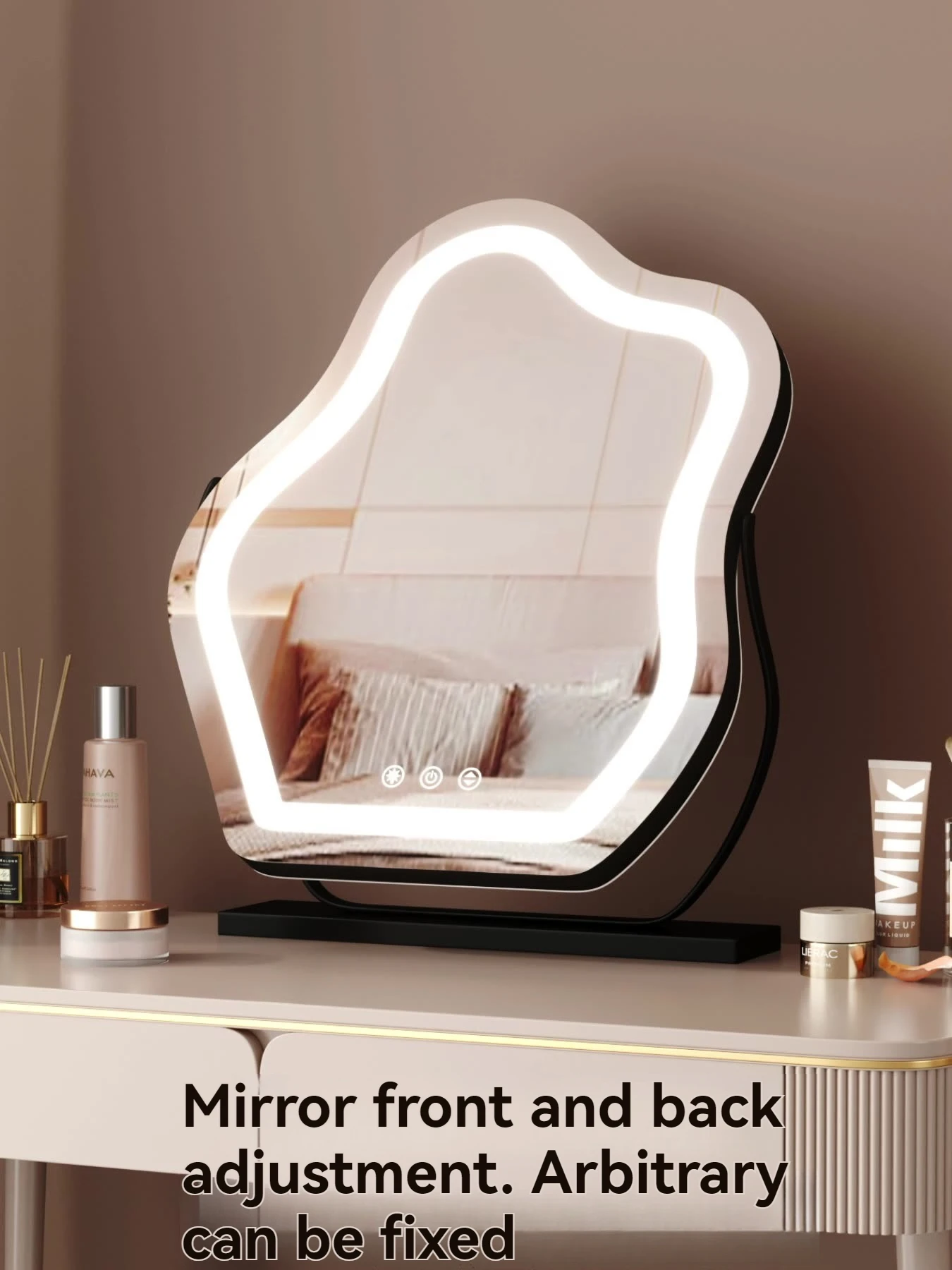 真のHD LEDクラウド化粧鏡、ライト付き卓上バニティミラー、スマート寝室用、ミニマリストで不規則な形