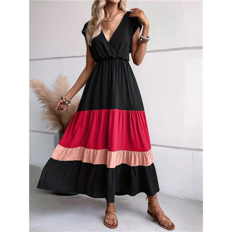 【SEE】Damen-Party-Farbblock-Kleid, hohe Taille, kurze Ärmel, Maxi-Kleid mit V-Ausschnitt, lässiges Kleid mit gerafftem Rüschensaum