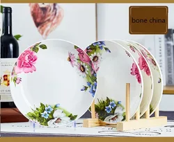 4pcs set, 8 inch real bone china kitchen dishes, porcelain table plates set, rose blossom design, kitchen tableware dinner plate