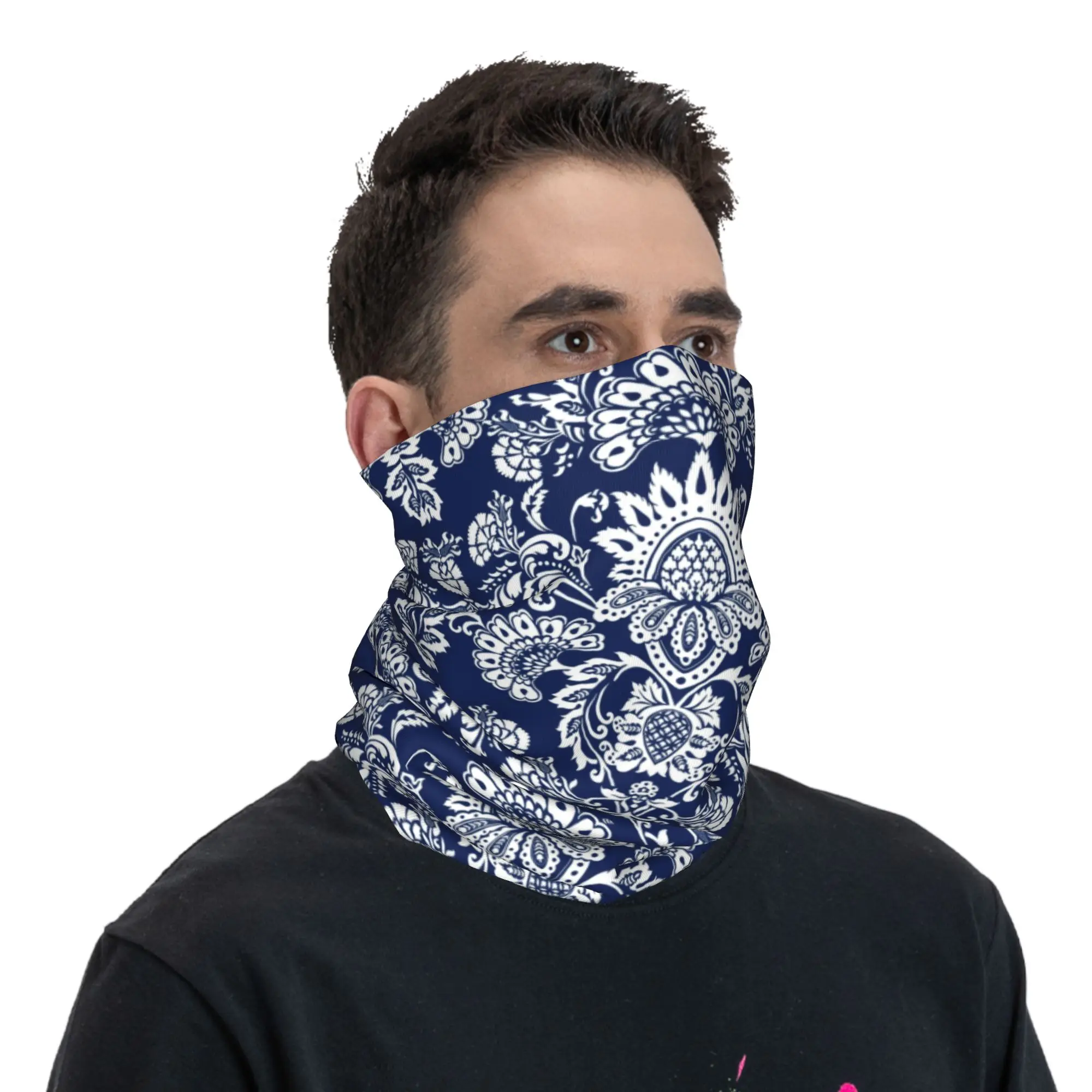 Custom White and Blue Damask Bandana Neck Gaiter for Ski Running Men Wrap Scarf Bohemian Floral Paisley Style Balaclava Warmer