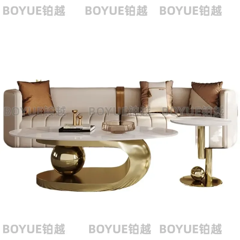 for Modern Elegant Coffee Table and Side Table Set with Gold Stainless Steel Base Round Pattern Home Stone Material