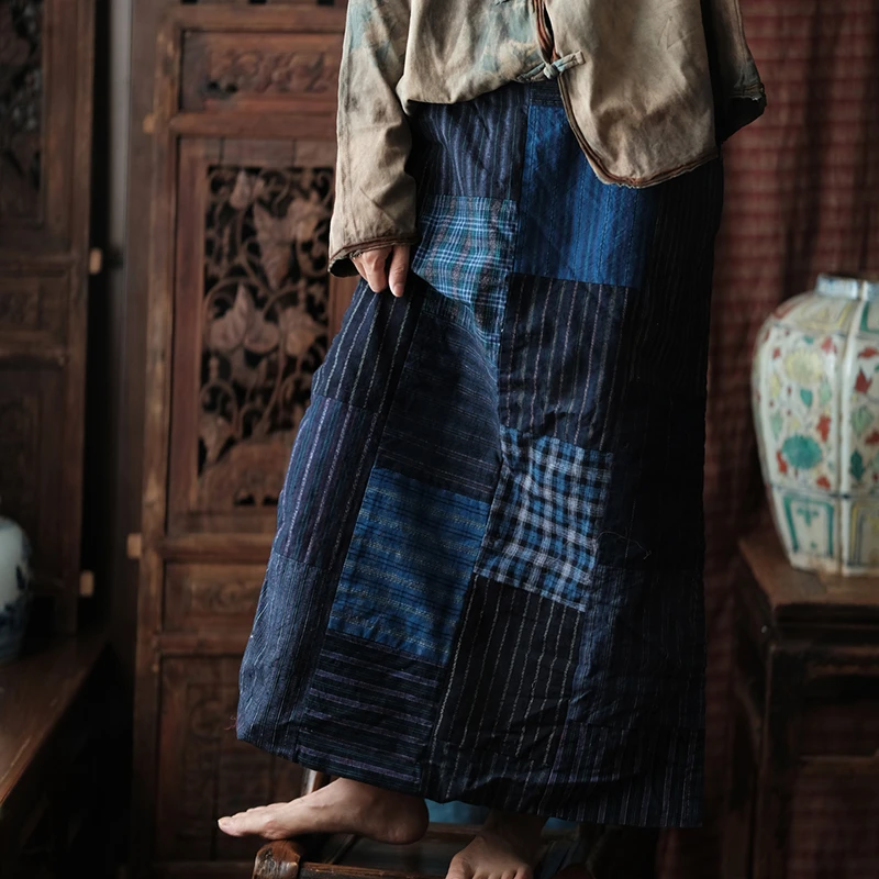 Women Cotton Linen Llong Skirt New Arrival 2025 Autumn Vintage Style Plaid Pattern Loose Comfortable Femae Casual Skirts M2006