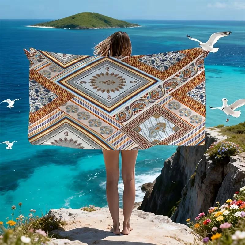 Bohemian Ethnic Tile Beach Towel Vintage Ethnic Patchwork Print Quick Dry Sandproof Absorbent Towel for Beach Travel Vacation