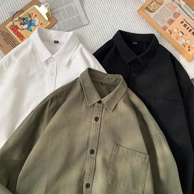 

Versatile Long Sve Men's irt Workwear Retro Sle Spring Autumn Outerwear High-End Feeling Layering Inner Wear Casual Trend