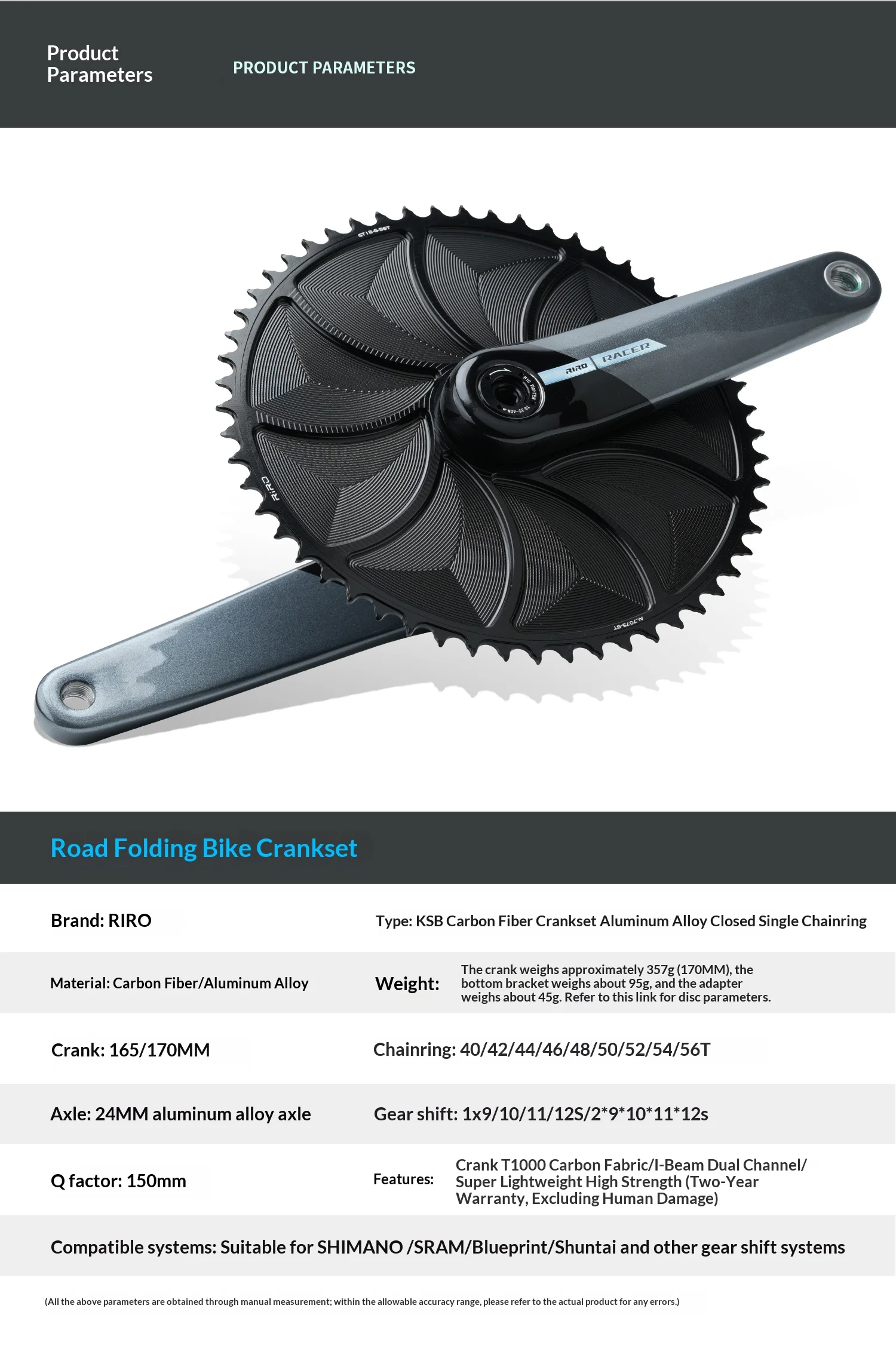 RIRO KSB Carbonfaser-Kurbelgarnitur für Rennrad/Klapprad, 24mm Spindel, 3-Bolzen-Direktmontage, kompatibel mit Leistungsmessern. – Detail 15