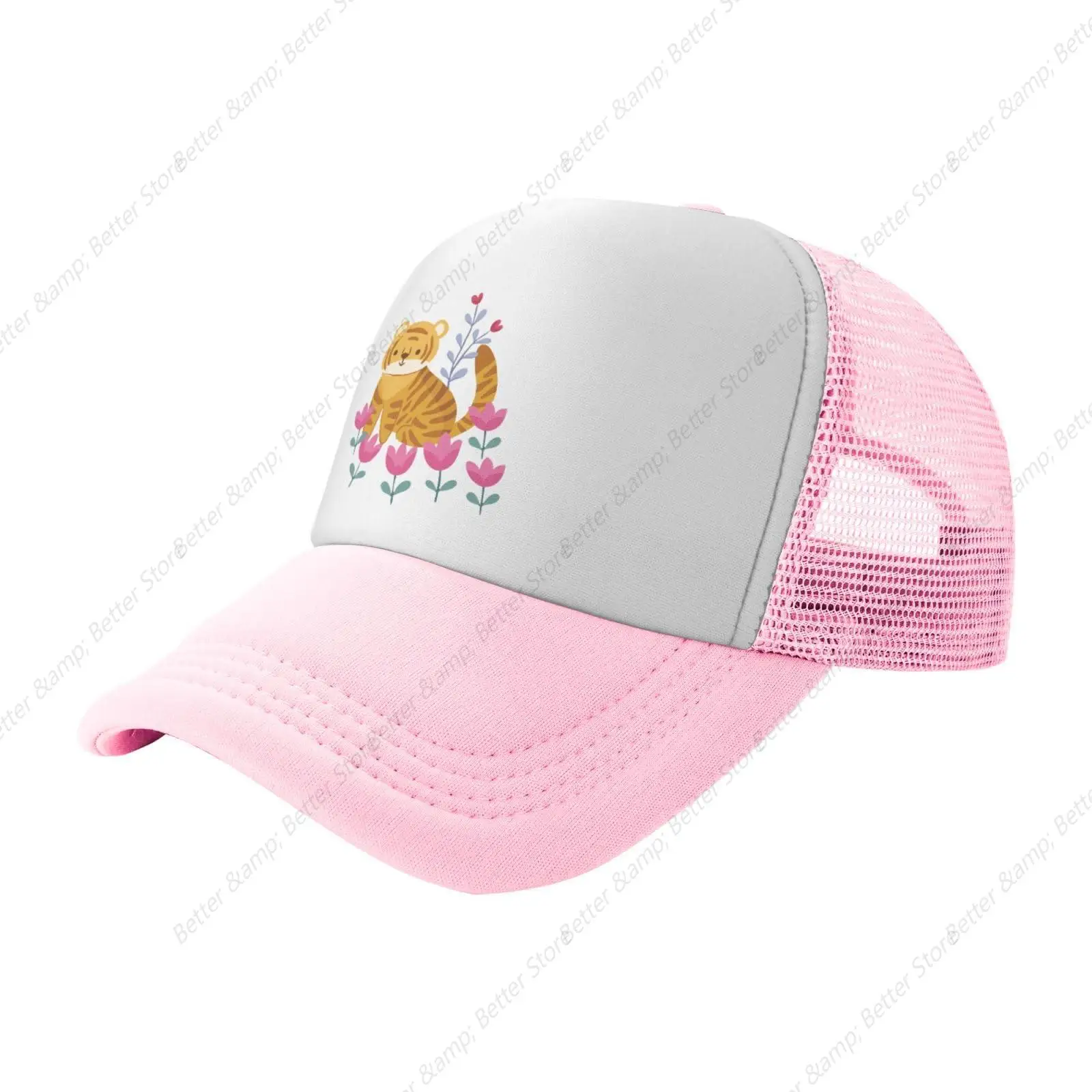 Mesh Dad Hat Adjustable Washed Cartoon Tiger Tulips Pink Baseball Dad Cap Funny Distressed Ball Trucker Cap for Women Men Unisex