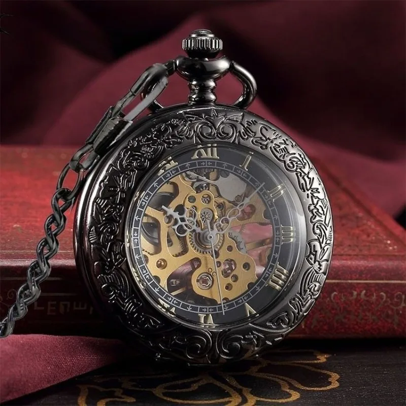 Original Automatic Mechanical Pocket Watch Retro Flip, Nostalgic Engraved Necklace Watch Clockwork Watches