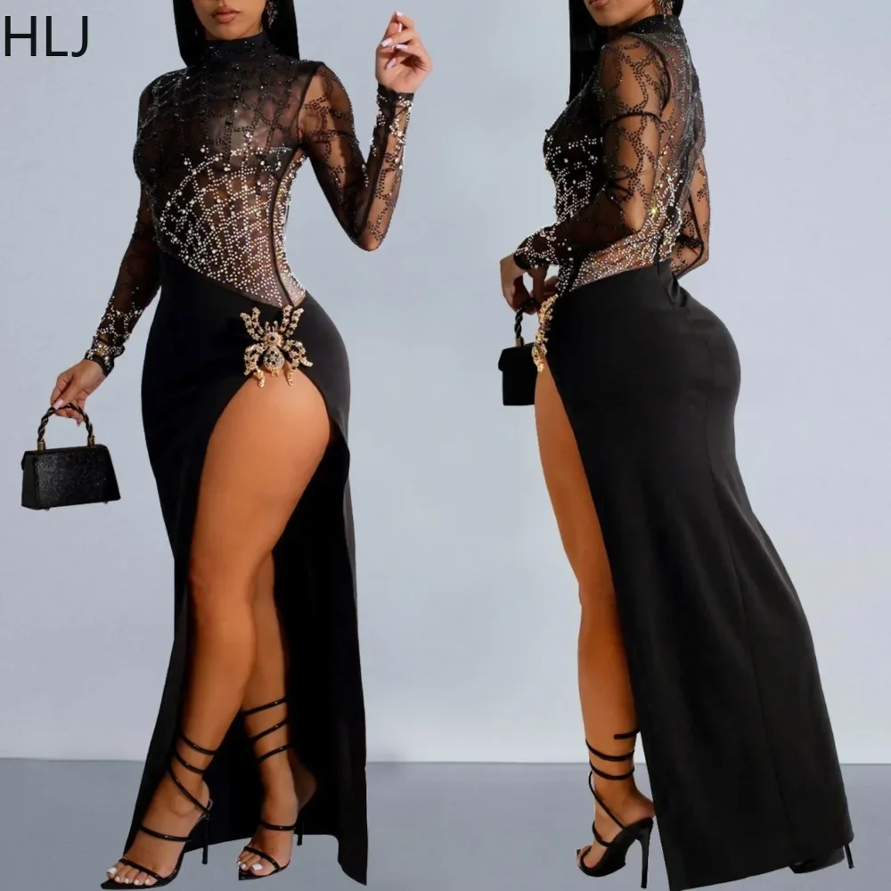 

HLJ Fashion Luxury Rhinestone Mesh See Though Evneing Party Long Dresses Women Round Neck Long Sleeve Slim Vestidos Sexy Clothes