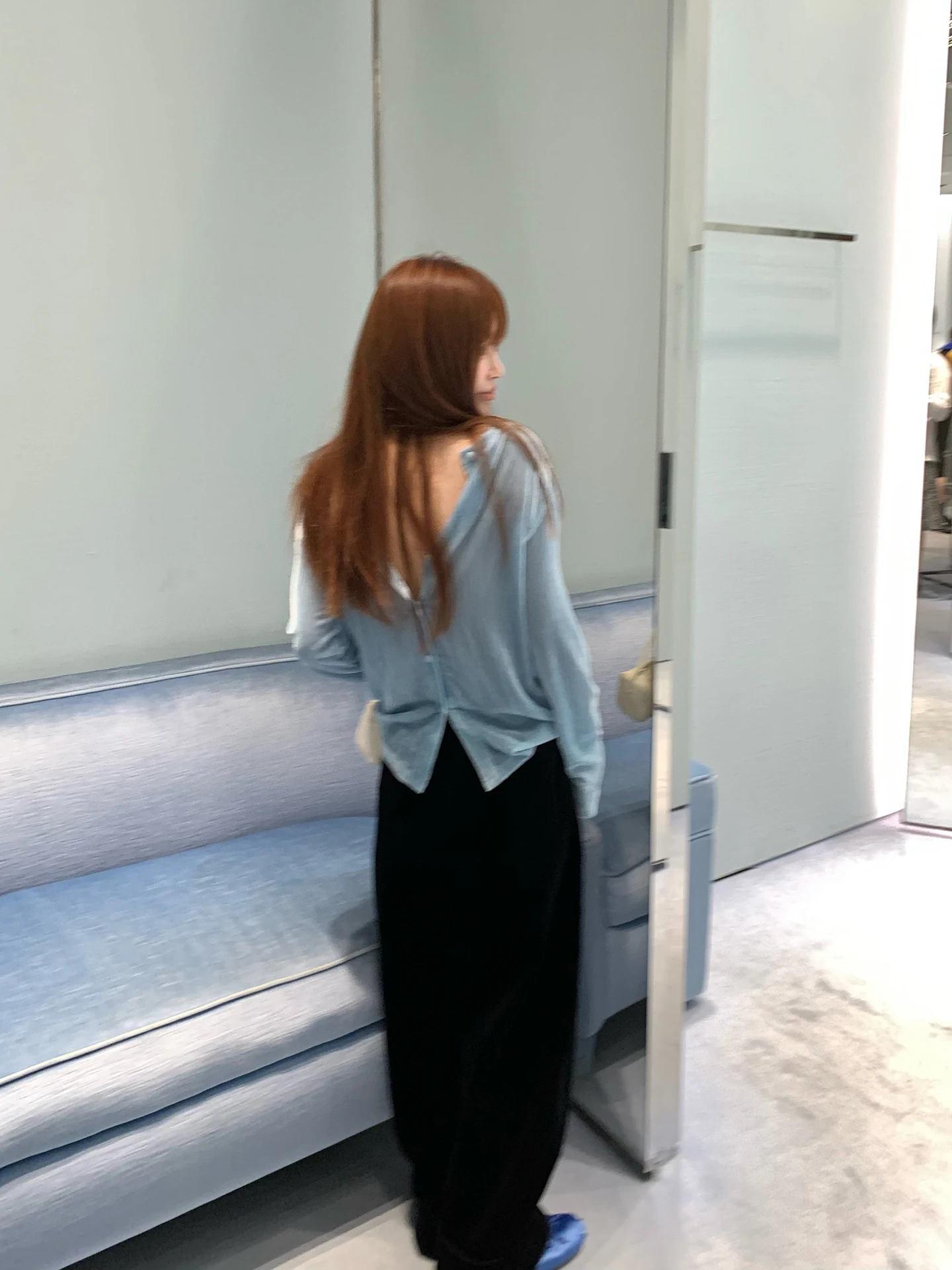 

Blue Velvet Long Sleeve Women's Top Textured Original Design Ice Flower Button Back Pleated Muscular Texture Commute Style