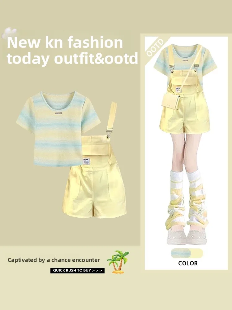 Completo estivo da donna, top ort Sve e simpatica tuta gialla dopane, set da due pezzi, abbigliamento in fibra di poliestere