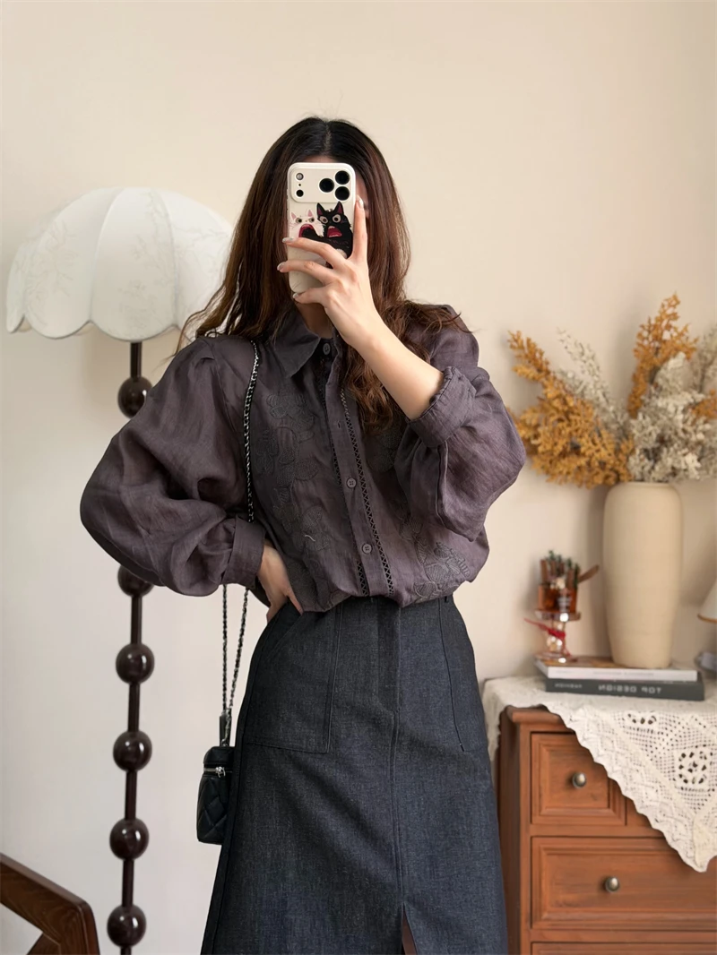 

Draped Embroidered Linen Shirt Women's Loose Lantern Sleeve Breathable Summer Spring Fashion Casual Comfortable Top