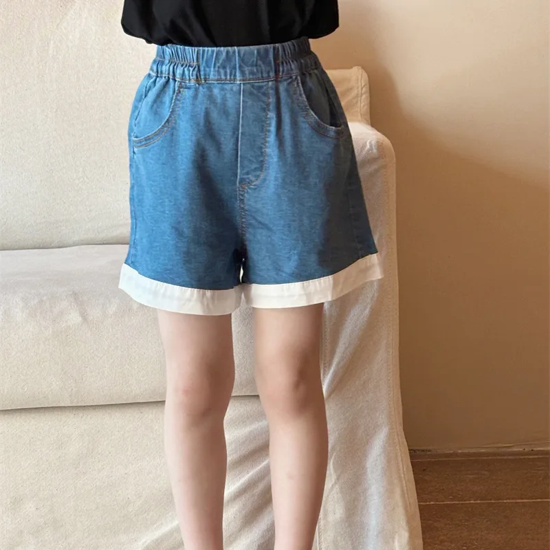 

Summer Kids shorts contrast color patchwork denim breeches Girls all-match casual shorts 2-7Y