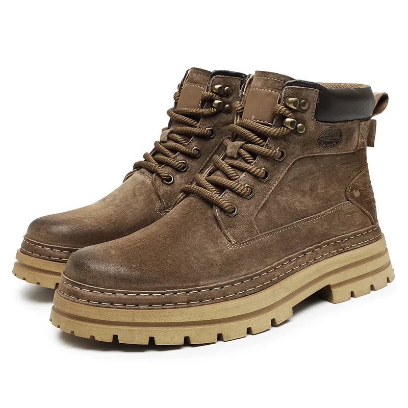 

Outdoor Leather Mens Slip on Boots Platform Shoes Luxury Brand Men Winter Plush Snow Boots Fashion All-match Men Motocross Boots