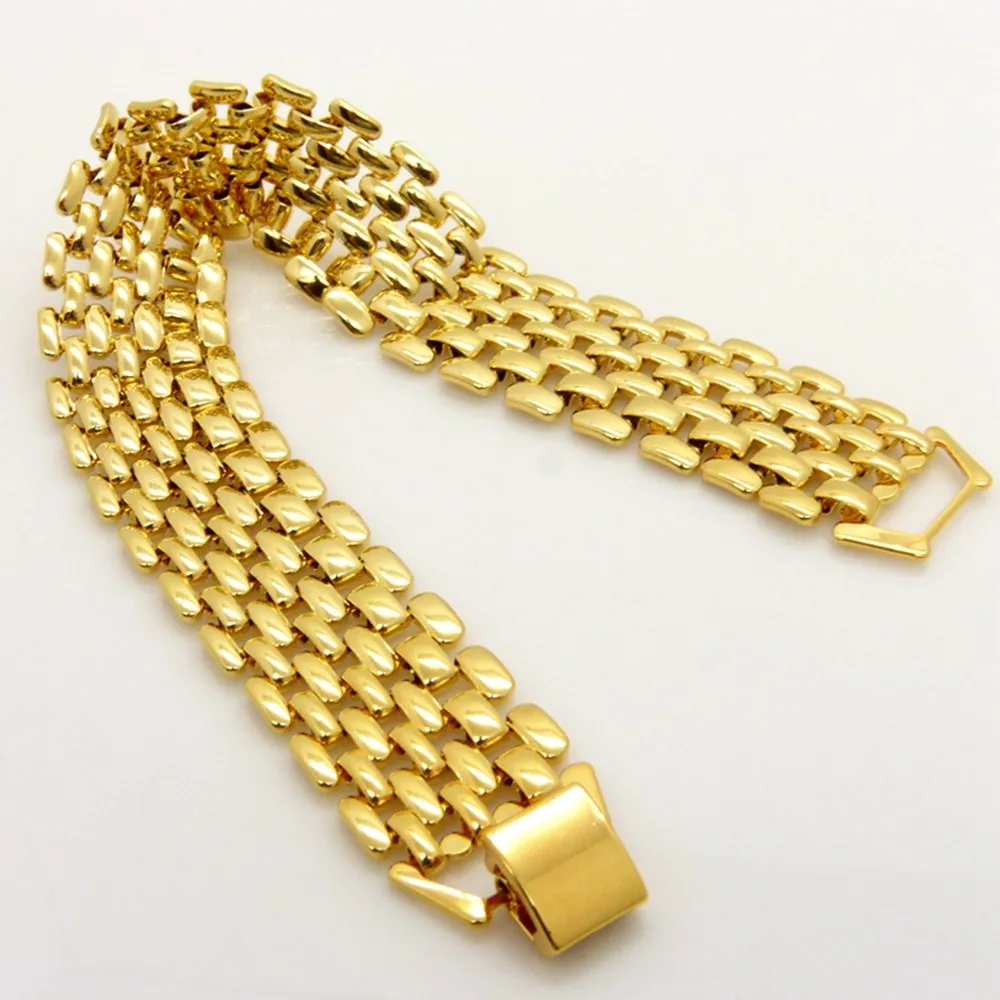 Wide Mesh Wrist Bracelet Chain Real 18k Gold Color Trendy Bracelet For Women Men 8.3\