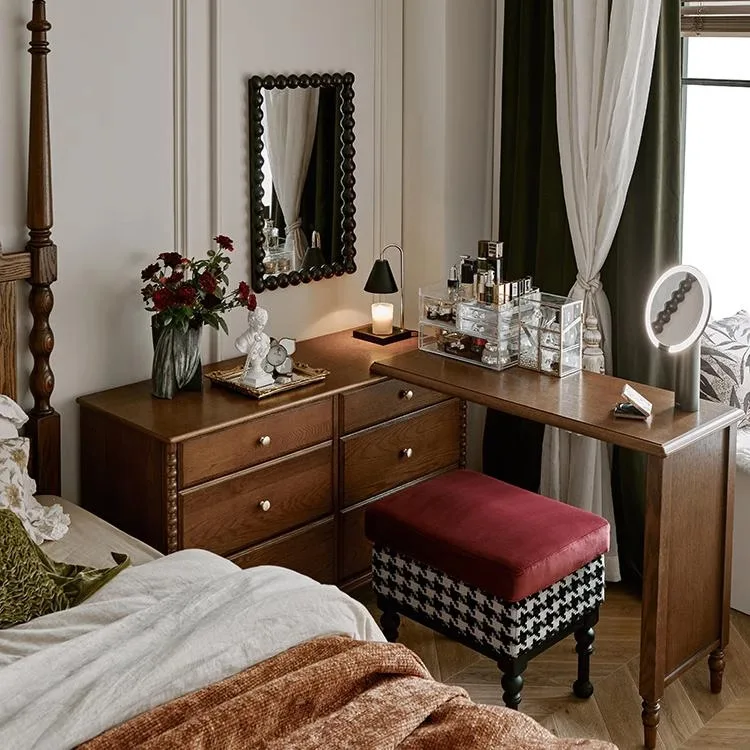 

French retro solid wood chest dressing table, antique household bedside retractable multi-functional storage makeup table