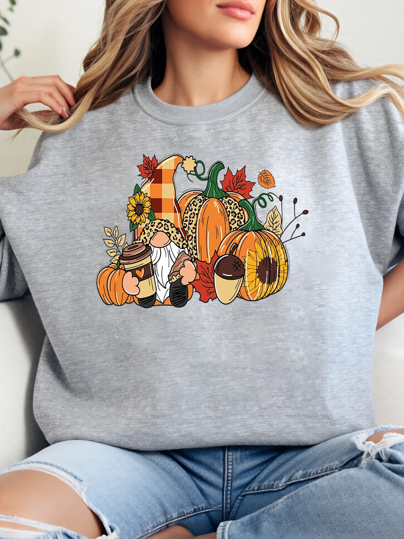 

Толстовка с принтом тыквы и гнома, осенняя женская повседневная одежда, серый, больших размеров