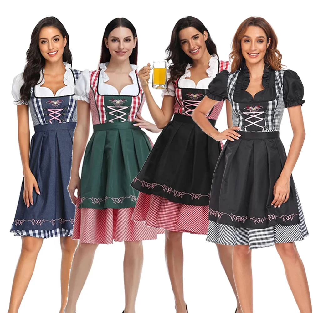 

Традиционные баварские костюмы Октоберфеста, немецкая пивная девка, горничная, вечернее платье для косплея, клетчатые платья-дирндль, женское платье-фартук