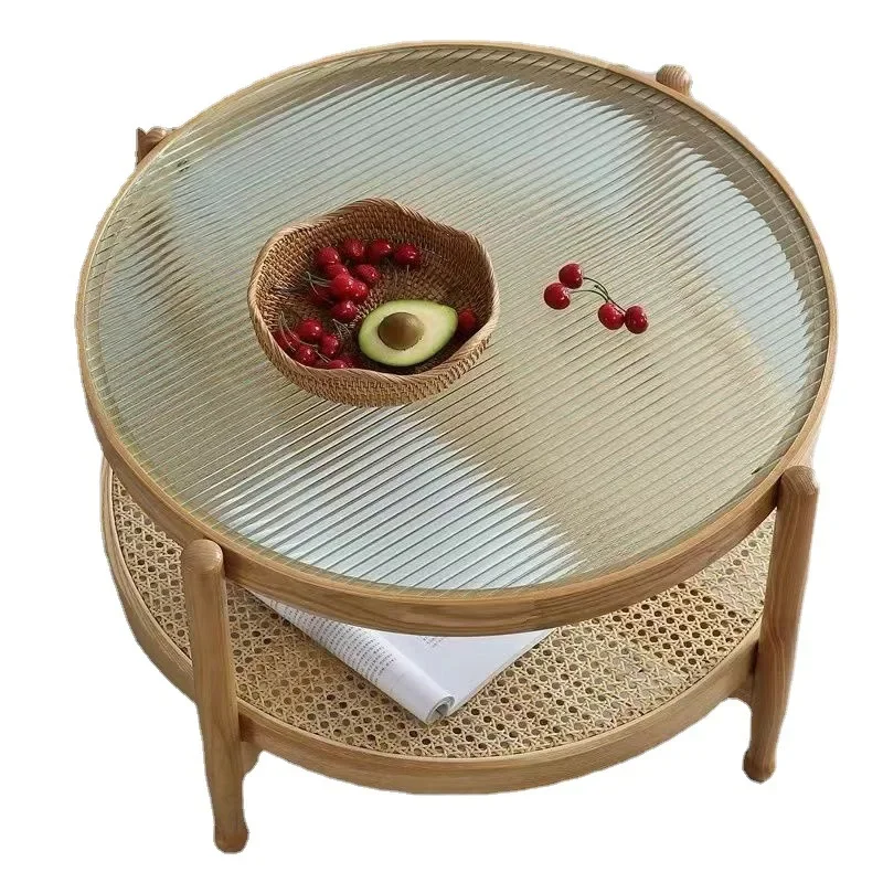 

Solid wood Internet celebrity round coffee table log color Japanese household double-layer rattan woven Changhong glass small