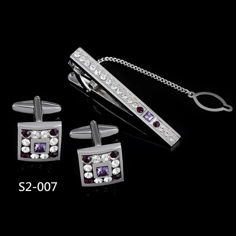 Men\'s French Cufflinks Tie Clips Set Luxury Tie Pins For Mens Suit Accessories Tie Bars Cuff Links Set Crystal Wedding Jewelry