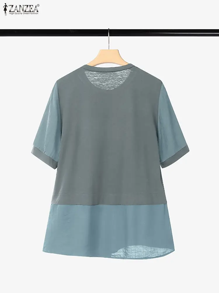 Stilvolle Sommer Bluse 2025, ZANZEA Frauen Patchwork Tops Casual O Hals Kurzarm Blusas Mode Arbeit Hemd Mujer Weibliche Chemise