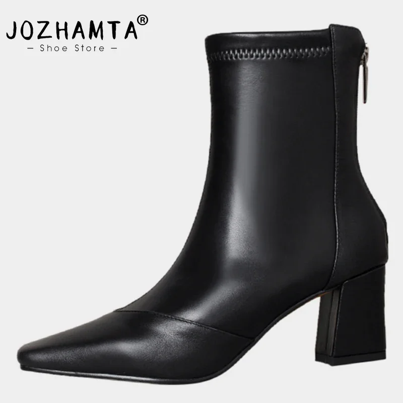 JOZHAMTA Size 34-39 Women Ankle Boots Real Leather Square Tow High Heels Shoes Woman Winter Fashion Casual Office Elastic Boots