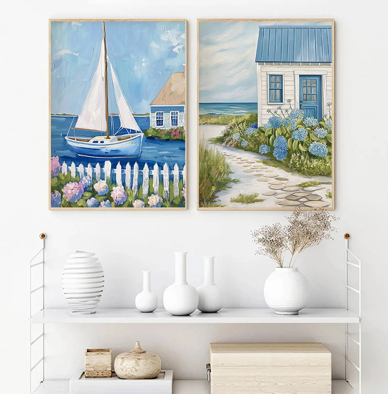 vintage Blue Coastal Beach  Sailboat Hydrangea Posters Prints Seashell Canvas  Wall Art Living Room Home Decor Cuadros