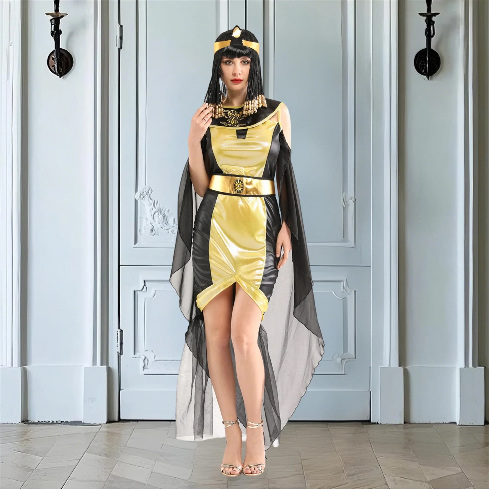مجموعة أزياء كليوباترا الفاخرة مع غطاء رأس وحزام فستان وياقة - مثالية لحفلات الهالوين أو الحدث التنكرية