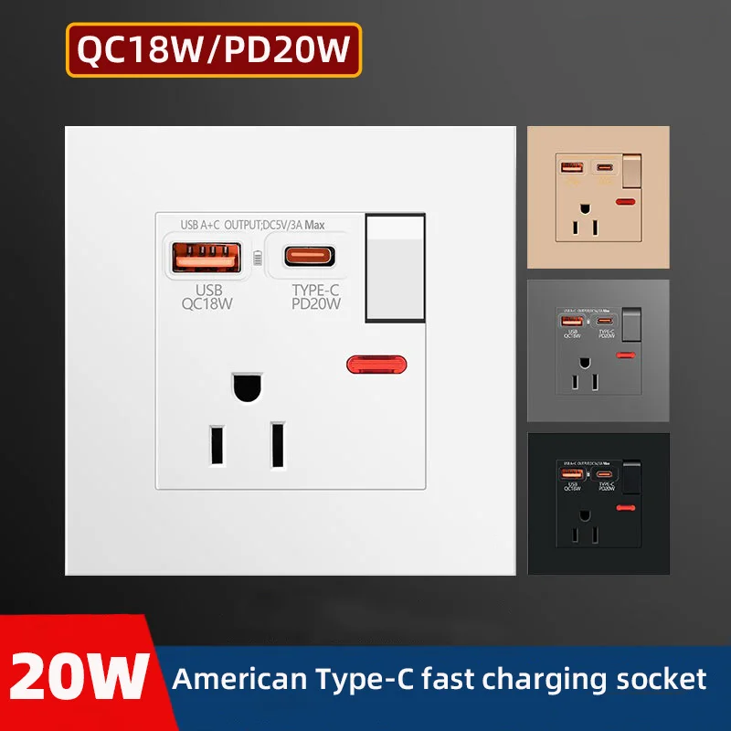 20w type-c plug fast charging American 15A Usb wall socket, power socket with 18W USB C, universal dual 5-pin power socket panel