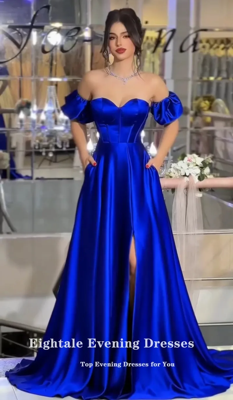 Eightale Royal Blue Evening Dresses Sweetheart Off  the Shoulder Customized Satin Prom Wedding Party Gown Vestido De Fiesta