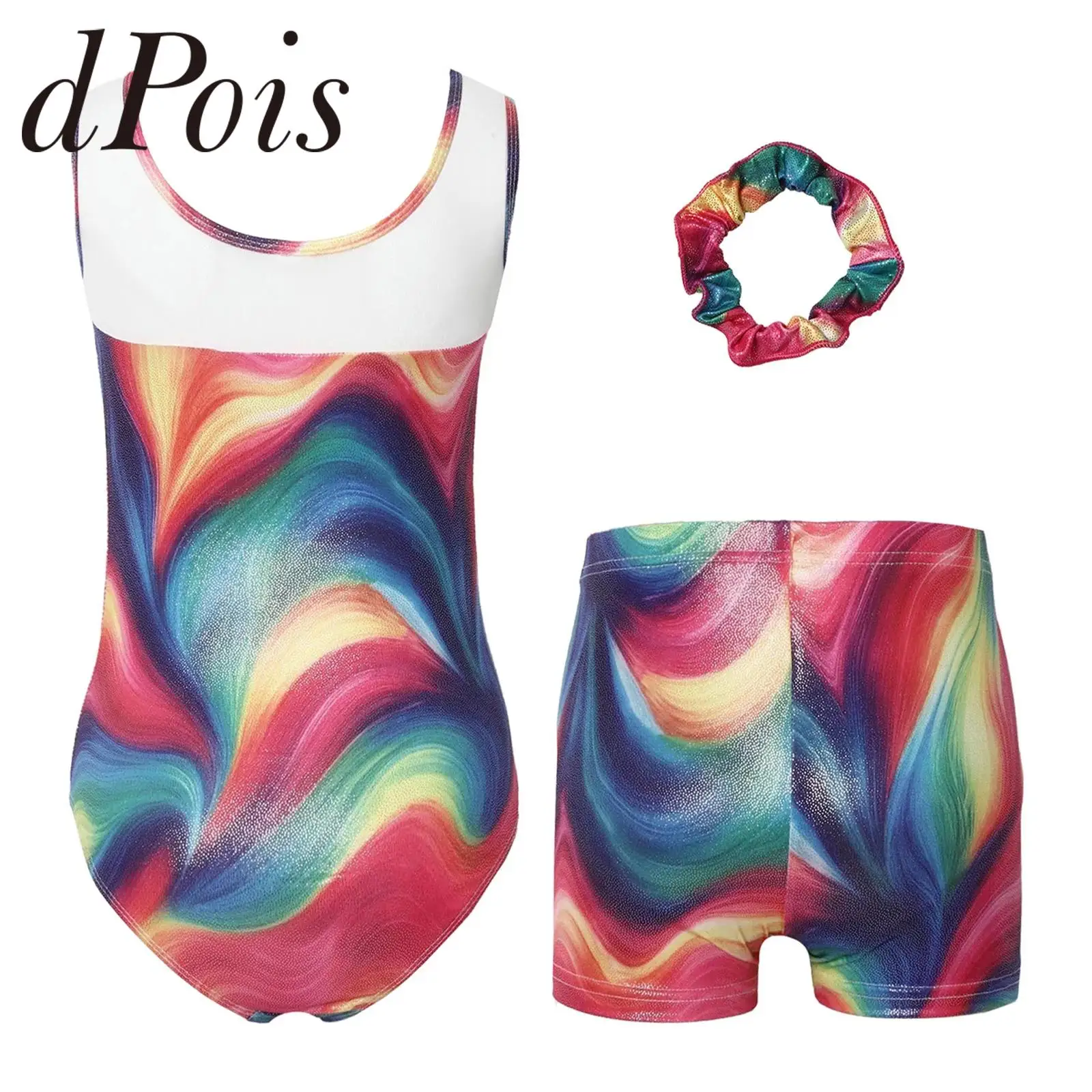 

Детский комбинезон без рукавов для девочек, гимнастический купальник с принтом и металлическим эффектом, для танцев и балета, с шортами