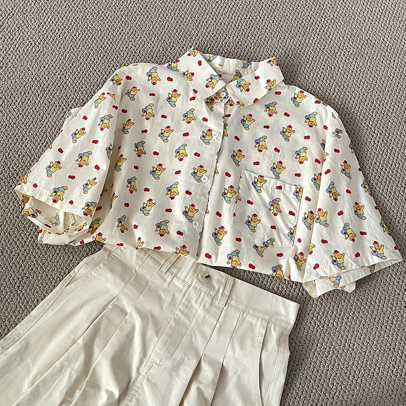 

Wedbleser Casual Cartoon Teddy Bear Floral Lapel Shirt Long Sleeved 2025 Summer Loose Cardigan Temperament Western Style Shirt