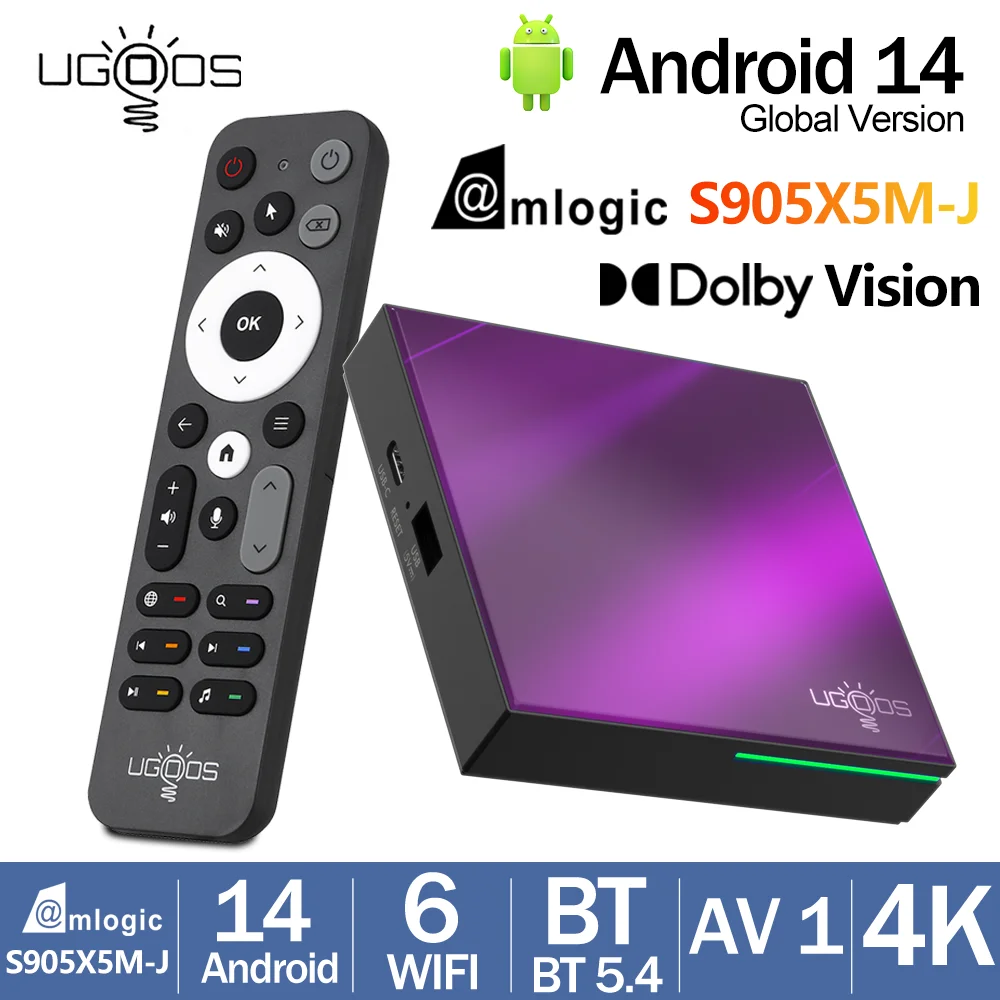 UGoos SK4 Amlogic S905X5MJ Android 14 boîtier de télévision intelligente 4G DDR4 64G AI-SR HD décodeur Dolby Vision BT5.4 lecteur multimédia à distance vocale