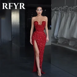 RFYR Red Sexy Mermaid  вечернее платье люкс Sequins High Side Slit Pleated Sleeves Prom Dress Sexy Sweep Train Evening Dresses