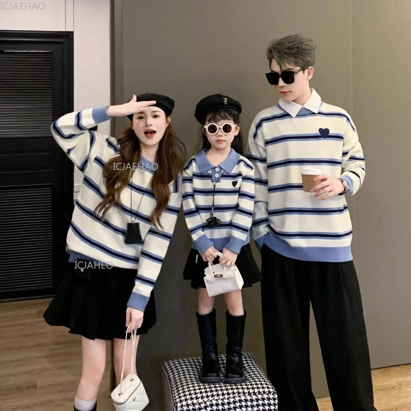 Family Matching Sweater Mom & Baby Heart Embroidery Knitwear Outfit Children Pullover for Mother Toddler Autumn Winter Costume