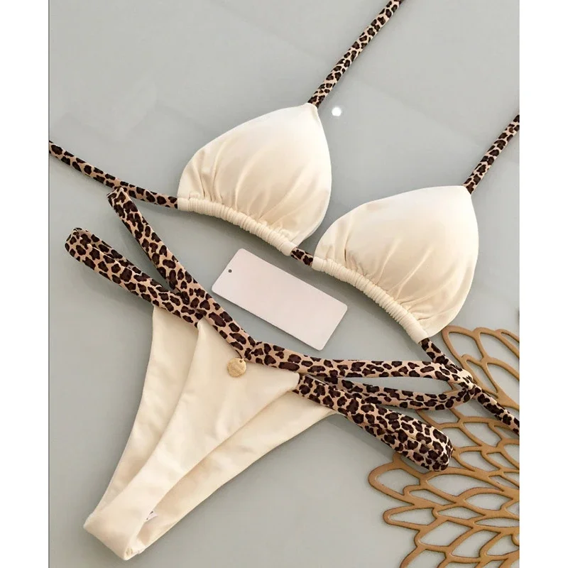 Trendy Printing Bikini Set Swimsuit Women Triangle Halter Bandage Thong Bikini Push Up Summer 2025 New Spice Girl Sexy Beachwear